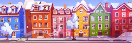 Illustration for Snow in scandinavian city street with traditional buildings. Vector cartoon illustration of cozy winter town with old houses, white roofs, trees and lanterns on sidewalk. Blizzard and cold weather - Royalty Free Image