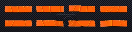 Illustration for Realistic orange paper duct tape vector strip set. 3d ripped adhesive sticker texture collection on transparent background. Torn corner glued scotch stick with wrinkle. Packaging clear label clipart. - Royalty Free Image