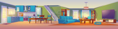 Illustration for House interior with kitchen, living room, hall and stairs. Modern apartment with kitchen appliances, dining table, sofa, tv on stand, chair and coffee table, vector illustration in contemporary style - Royalty Free Image