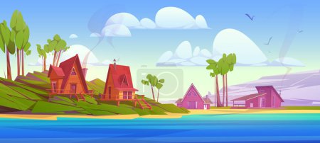 Illustration for Cozy wooden houses near mountain lake. Vector cartoon illustration of beautiful natural landscape, glamping huts on green hill, tall trees, blue water surface, birds flying in sky. Recreation scene - Royalty Free Image