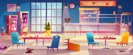 School canteen messy interior with kitchen cartoon background. Cafeteria dining room for lunch with table and chair in college. Student buffet shop in university illustration. Indoor lunchroom