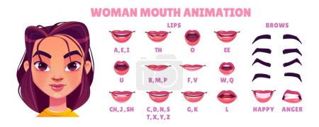 Illustration for Cartoon woman mouth animation set. Character lip talk pronunciation face illustration. Animated female smile and happy expression. Isolated phonetic vector kit for education or game design. - Royalty Free Image