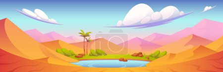 Téléchargez les illustrations : Paysage désertique avec oasis de palmiers, lac et herbe. Scène du Sahara égyptien avec des dunes de sable, étang avec de l'eau bleue et des plantes vertes, illustration de dessin animé vectoriel - en licence libre de droit