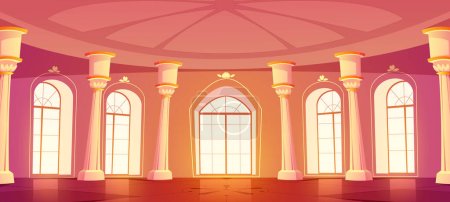 Illustration for Ballroom interior in royal castle or palace. Medieval building room for balls, dance, wedding banquet with windows and columns in baroque style, vector cartoon illustration - Royalty Free Image