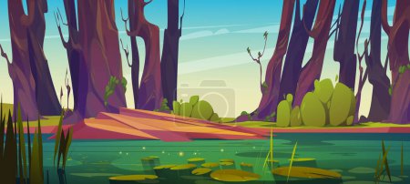 Green swamp or lake with waterlily vector background. Summer pond with bush in park. Dirty water in river with shining surface cartoon illustration for fantasy game. Foreground with wild landscape.
