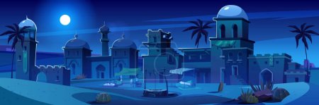 Illustration for Night ancient arab city in desert cartoon landscape. Dark old arabian building in Egypt town. Muslim village with traditional market cityscape. East architecture in oasis panorama illustration. - Royalty Free Image