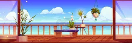 Illustration for Open balcony glass window with sea view vector background. Door on apartment terrace with bench, flower and blue ocean cartoon seafront landscape. Resort outdoor panorama concept illustration. - Royalty Free Image