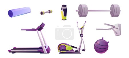 Illustration for Isolated exercise set for fitness club interior on white background. Treadmill, yoga mat, dumbbell and elliptical trainer sport equipment for gym. Water bottle and tool for train muscle - Royalty Free Image