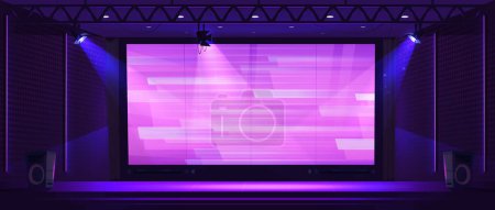 Ilustración de Estudio de TV con escenario, pantalla led y proyectores. Interior de escena vacío con proyectores de luz, monitor digital y altavoces, ilustración de dibujos animados vectoriales - Imagen libre de derechos