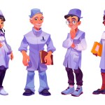 Cartoon set of medical personnel isolated on white background. Vector illustration of multiethnic male and female young and senior doctors and nurses in hospital uniform. Health care clinic services