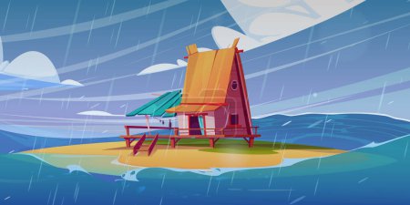 Illustration for Fisherman house on island beach in sea storm vector background. Fishing bungalow in scary rain ocean cartoon landscape game scene. Wooden tropical home on stilt stand on coast near blue water. - Royalty Free Image