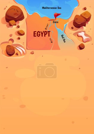 Egipto mapa geográfico con El Cairo, Nilo, Mar Rojo y Mediterráneo, desierto. Póster con marca de ubicación capital egipcia, río, huesos y espacio de copia, ilustración de dibujos animados vectoriales