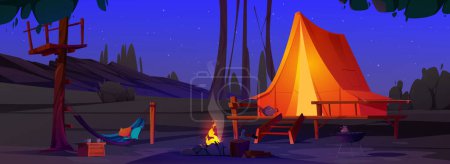 Téléchargez les illustrations : Camp de nuit avec tente, feu de joie brûlant et hamac. Illustration vectorielle de paysage de forêt sombre avec des pierres, des arbres, des buissons, de nombreuses étoiles sur le ciel, équipement pour pique-nique en plein air. Activité de glamping - en licence libre de droit