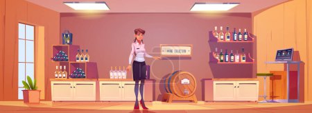 Illustration for Wine shop interior with woman sommelier cartoon illustration. Alcohol store vector background with barrel, bottle on shelf and wooden stand for winery assortment storage. Stacked vine production. - Royalty Free Image