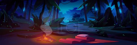 Téléchargez les illustrations : Dessin animé nuit clairière avec feu de camp. Illustration vectorielle de forêt tropicale sombre avec des lianes sur les arbres au-dessus du lac, lucioles chatoyantes dans l'obscurité, feu brûlant et fumant, sac de couchage sur le sol - en licence libre de droit