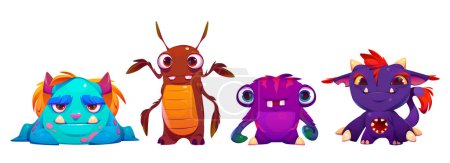 Illustration for Cute cartoon monster vector character. Funny alien set for halloween illustration. Happy kid animal creature with face, eye and mouth. Isolated little beast mascot clipart for comic baby game. - Royalty Free Image