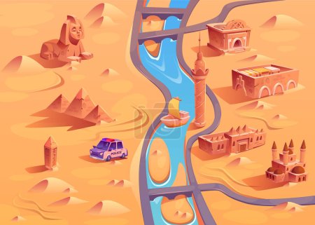 Egipto mapa del desierto fondo para la ilustración de dibujos animados escena nivel de juego. Mezquita estilizada, templo y pirámide en arena caliente con coche de policía. Puente y río cerca de camino a través de edificios en dunas.