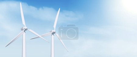 Ilustración de 3d turbina de energía del molino de viento blanco en el fondo del cielo. Estación de molinos de viento para crear un concepto de negocio de banners de energía alternativa. Diseño realista de la valla publicitaria de generación de electricidad sostenible renovable. - Imagen libre de derechos