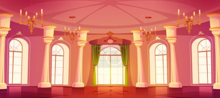 Illustration for Castle royal ballroom interior cartoon background. Medieval hall for ball with curtain on window. Dance hallway with column for monarchy wedding fantasy illustration. Fairytale gallery scene. - Royalty Free Image
