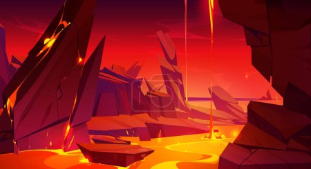 Illustration for Hell background with lava in cave. Fantasy landscape with fiery magma flows in mountains. Scary scene with lava river in rocks crack, vector cartoon illustration - Royalty Free Image