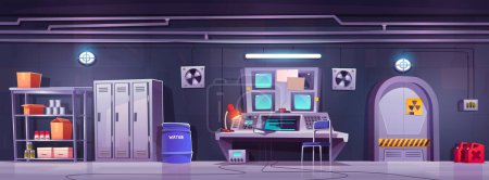 Underground bunker with secret laboratory vector background. Shelter science lab room interior with door, locker, monitor and water. Safe place from nuclear bomb danger. Headquarters command center