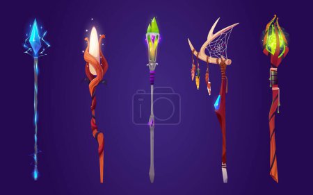 Cartoon set of magic power staffs isolated on background. Vector illustration of wooden and iron wand sticks decorated with gemstones, dream catcher, fortunetelling crystal, ice stone. Game assets