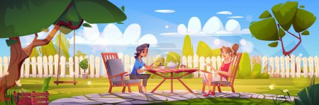 Illustration for House backyard with garden, fence and table with chairs. Summer landscape of home yard with trees, green grass on lawn and women drink tea sitting in armchairs, vector cartoon illustration - Royalty Free Image