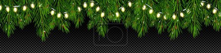 Illustration for Christmas tree branches with lights garland. Happy New Year and Merry Xmas holidays banner decoration with border of pine or fir green twigs with light bulbs, vector realistic illustration - Royalty Free Image
