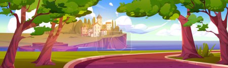 Road in forest to italian village on coast. Summer or spring vector cartoon landscape with green tree and europe town far on horizon. Travel on holiday in France cottage.