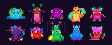 Illustration for Set of cartoon neon color monsters isolated on black background. Vector illustration of cute alien characters with funny happy and angry faces. Scary Halloween creatures. Comic furry sweet mascots - Royalty Free Image