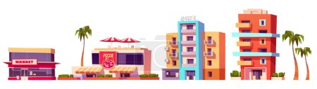 Illustration for Miami city street hotel and resort buildings. Isolated building town in Florida architecture with motel, cafe and market set. Tropical California business apartment exterior clipart collection - Royalty Free Image