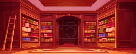 Illustration for Cartoon library interior with bookshelf vector background. Wooden ladder near bookcase on carpet at home illustration. Empty librarian storage with shelf in university for education and reading. - Royalty Free Image