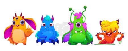 Illustration for Set of cartoon neon color monsters isolated on black background. Vector illustration of cute alien characters with funny happy and angry faces. Scary Halloween creatures. Comic furry sweet mascots - Royalty Free Image