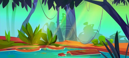 Sumpf im Dschungel Wald Cartoon Vektor Spiel Hintergrund. Tropische Szene mit grünem Wasser See Umwelt Illustration. Fantasiemoor mit Baum und Liane, sonniger Sommertag. Sonniger Amazonas-Regenwald