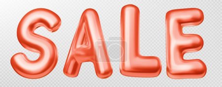 Red metal sale word isolated on transparent background. Vector realistic illustration of shiny foil, air balloon letters png. Holiday discount banner design element. Retail business, Special offer
