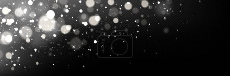 Illustration for Realistic white bokeh light effect isolated on transparent background. Vector illustration of silver sparkles glowing on dark backdrop. Magic snow dust overlay for festive design, abstract texture - Royalty Free Image
