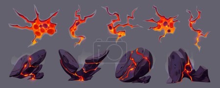 Illustration for Volcano ground texture with lava in cracks and broken stones. Volcanic rocks with light effect in fissures and land surface breaks with hot magma, vector cartoon illustration - Royalty Free Image
