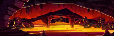 Illustration for Cartoon volcano cave with lava flow inside. Vector cartoon illustration of underground hell landscape, dangerous stone bridge across hot magma river, rocky mountain walls. Adventure game background - Royalty Free Image