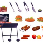 Cartoon bbq grill set for picnic with meat and fish isolated on white background. Cooking beef and vegetable isolated icon illustration. Summer meal on brazier. Burger and hotdog grilled collection.