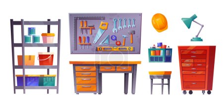 Illustration for Workshop room interior in garage or basement set. Isolated carpentry tool storage on white background. Shelf and board with equipment, box in engineer storeroom. Canister and old rack collection - Royalty Free Image