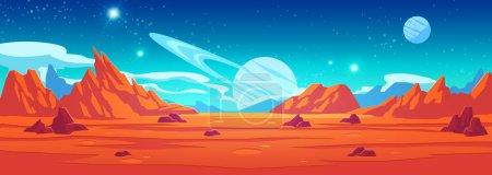 Téléchargez les illustrations : Orange exotique planète spatiale jeu dessin animé fond. Paysage du monde fantastique avec montagne et terre rocheuse surface désertique. Sol en pierre rouge avec cratère, lune et saturne, étoile scintillante dans la galaxie du ciel - en licence libre de droit
