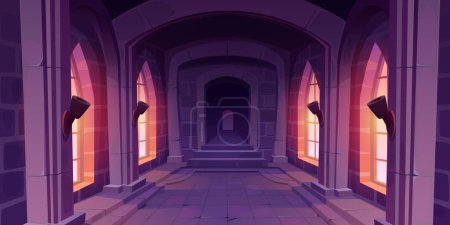 Illustration for Cartoon castle hallway interior design. Vector illustration of corridor perspective inside medieval palace with large gothic windows, stone walls and floor, mysterious dark doorway. Path to dungeon - Royalty Free Image