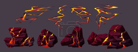 Ilustración de Textura molida del volcán con lava en grietas y piedras rotas. Rocas volcánicas con efecto de luz en fisuras y roturas superficiales con magma caliente, ilustración de dibujos animados vectoriales - Imagen libre de derechos