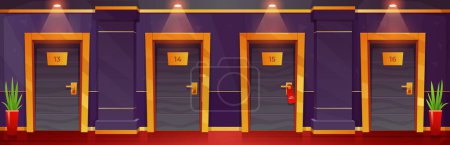Illustration for Hotel hallway corridor with apartment room door in building. Lobby interior with closed bedroom with lamp and light in motel aisle. Hostel or condominium illustration. Modern college campus design - Royalty Free Image