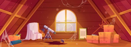 Illustration for Abandoned old house attic wood interior with dust vector background. Dirty loft storage with spider web, hole in floor and box cartoon illustration. Telescope near cover armchair in garret for game. - Royalty Free Image