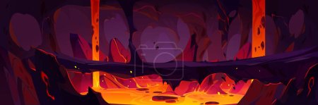 Ilustración de Lava fluye dentro de la cueva del volcán. Dibujos animados vectoriales ilustración del paisaje infernal con el río magma caliente bajo puente de piedra entre paredes rocosas de montaña. Túnel inferno subterráneo. Aventura juego de fondo - Imagen libre de derechos