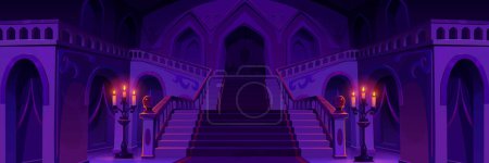 Illustration for Royal palace hallway with stairs at night. Vector cartoon illustration of medieval castle interior design with carpet on staircase, chandeliers with candles, gothic door upstairs. Fairytale background - Royalty Free Image