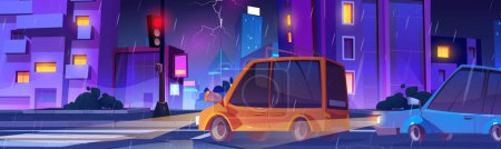 Night city street with cars in rainy weather. Vector cartoon illustration of autos stop before crossroads, red traffic light, lightning bolt in dark sky, urban buildings with illuminated windows