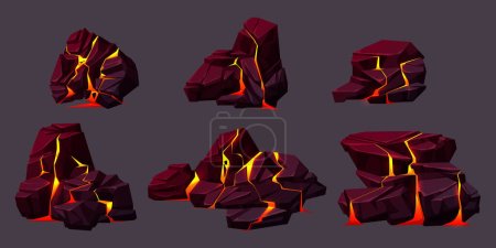 Ilustración de Textura de roca volcánica con lava en grietas y piedras rotas. Rocas volcánicas con efecto de luz en fisuras y roturas superficiales con magma caliente, ilustración de dibujos animados vectoriales - Imagen libre de derechos