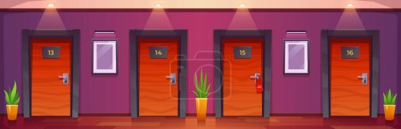 Hotel hallway corridor with apartment room door in building. Lobby interior with closed bedroom with lamp and light in motel aisle. Hostel or condominium illustration. Modern college campus design